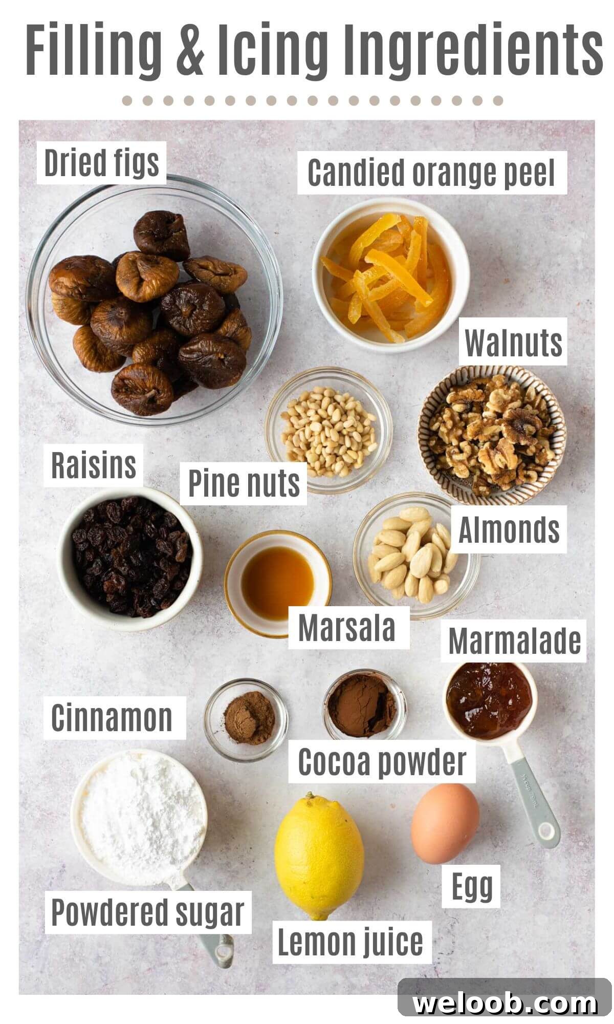 An overhead shot of all the ingredients needed to make the filling and icing for cuccidati cookies.