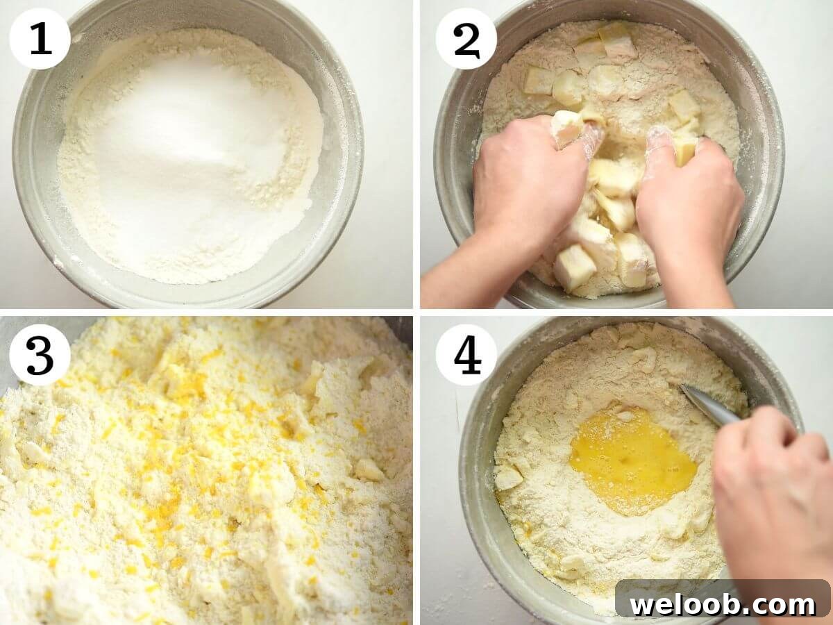 Four photos in a collage showing how to make pastry.
