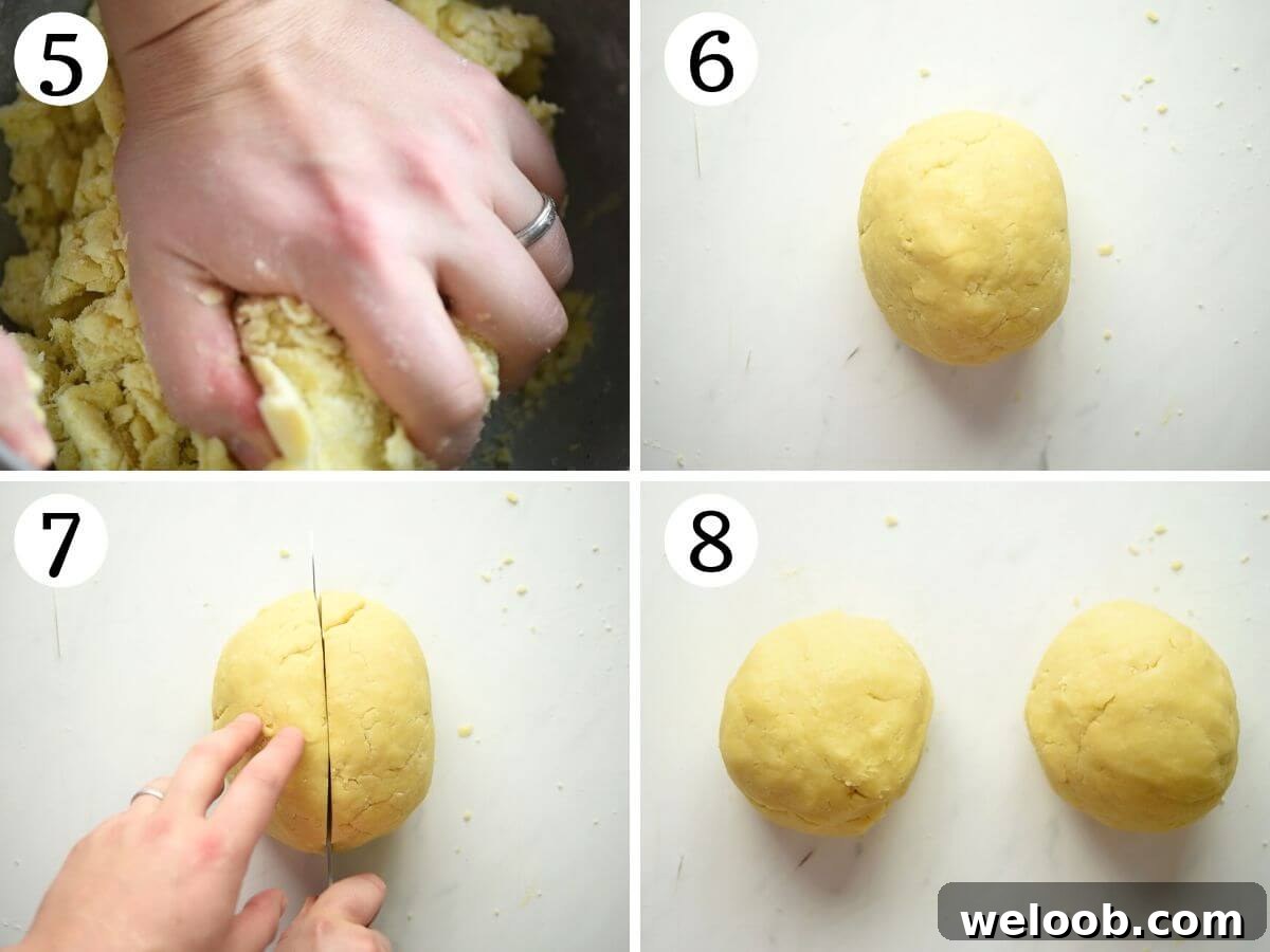 Four photos in a collage showing how to form pastry into a ball and cut in it half.