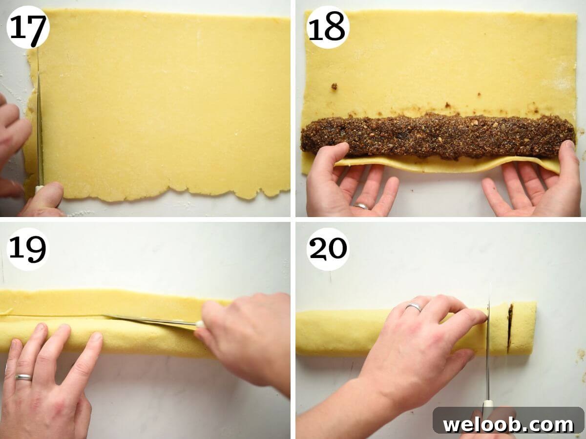 Four photos in a collage showing how to roll the Cuccidati into a log.