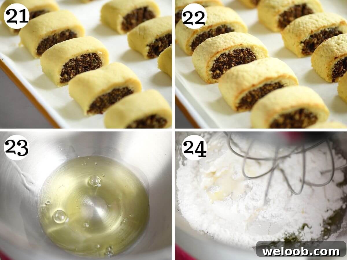 Four photos in a collage showing the Cuccidati before and after baking and how to make the icing.