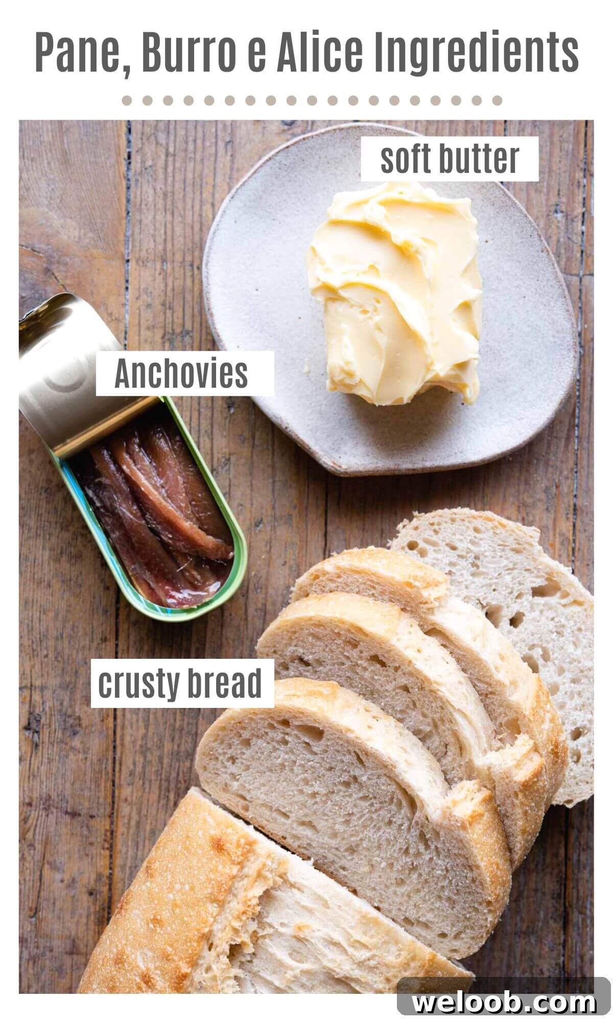 An overhead shot of all the ingredients you need to make bread, butter and anchovies