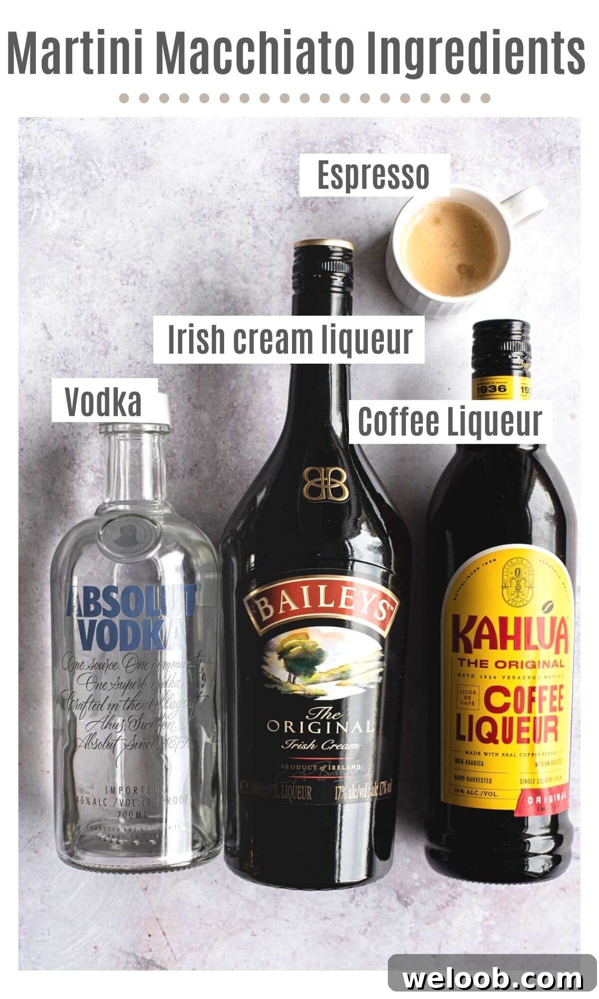 An overhead shot of all the ingredients you need to make a Martini Macchiato cocktail