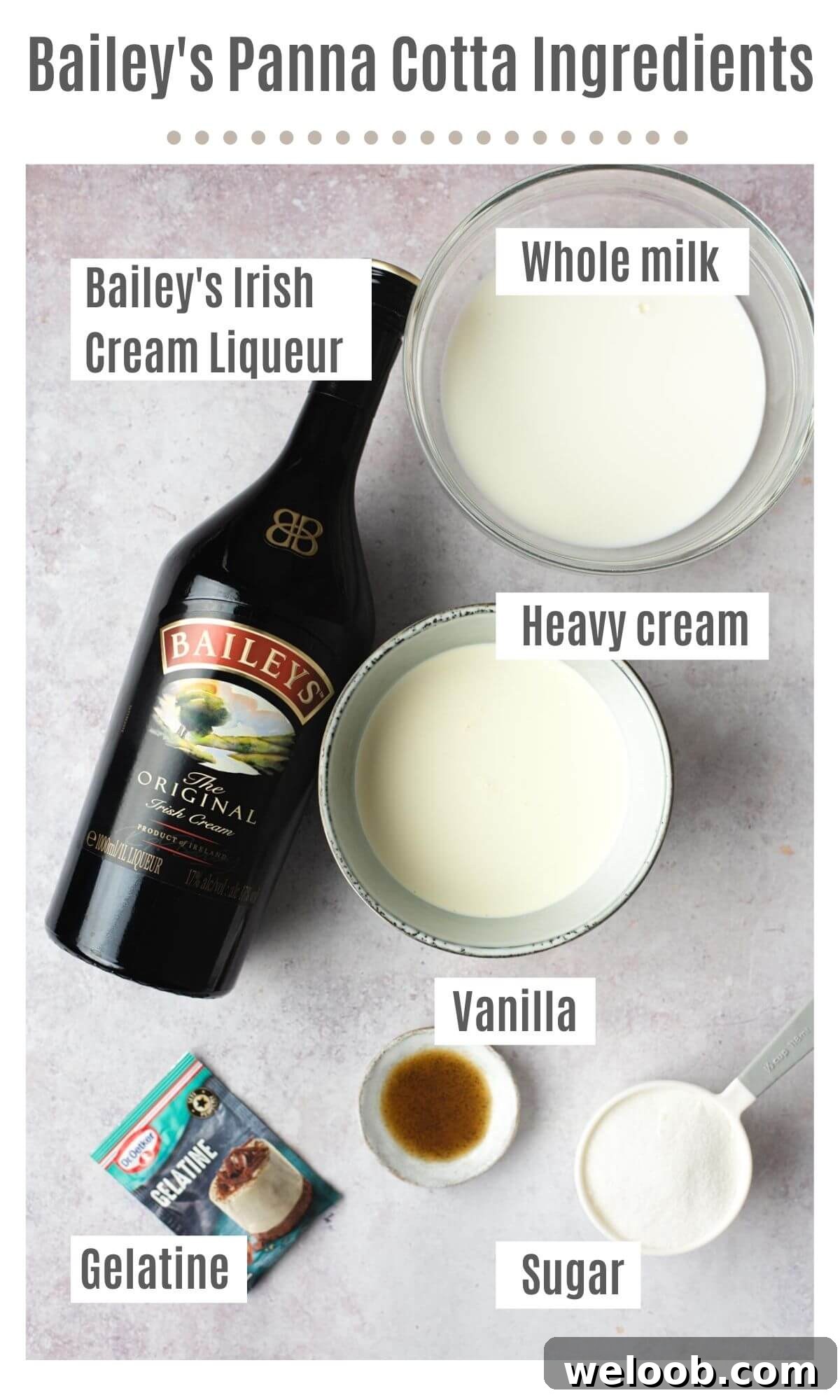 An overhead shot of all the ingredients you need to make a Bailey's panna cotta
