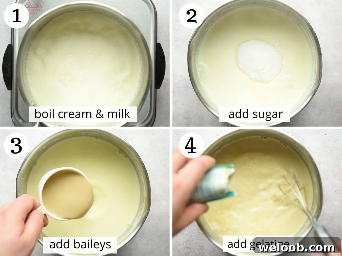 Step by step photos showing how to make baileys panna cotta