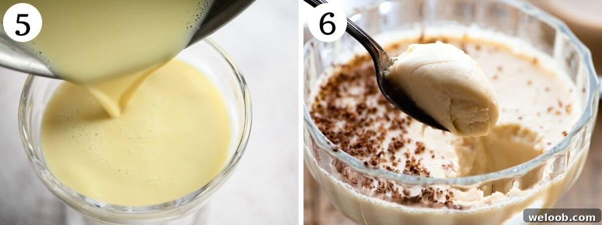 Two photos showing before and after a panna cotta has set
