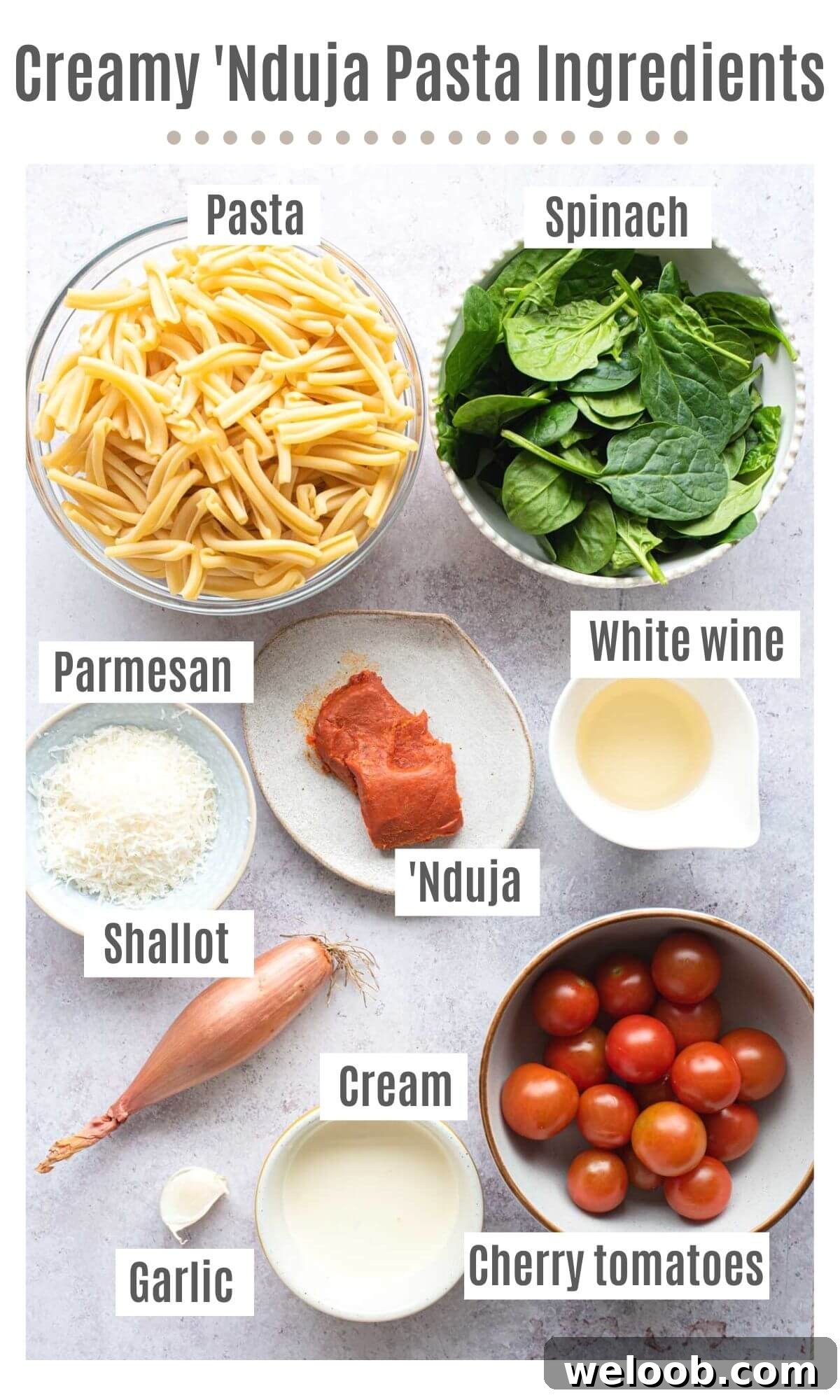 An overhead shot of all the ingredients you need to make creamy Nduja pasta