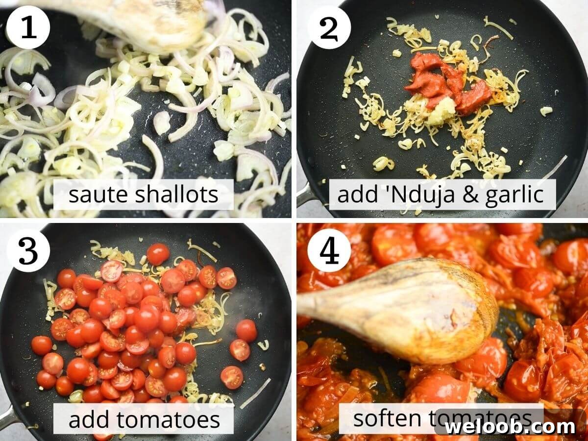 Step by step photos showing how to saute shallots, Nduja and tomatoes