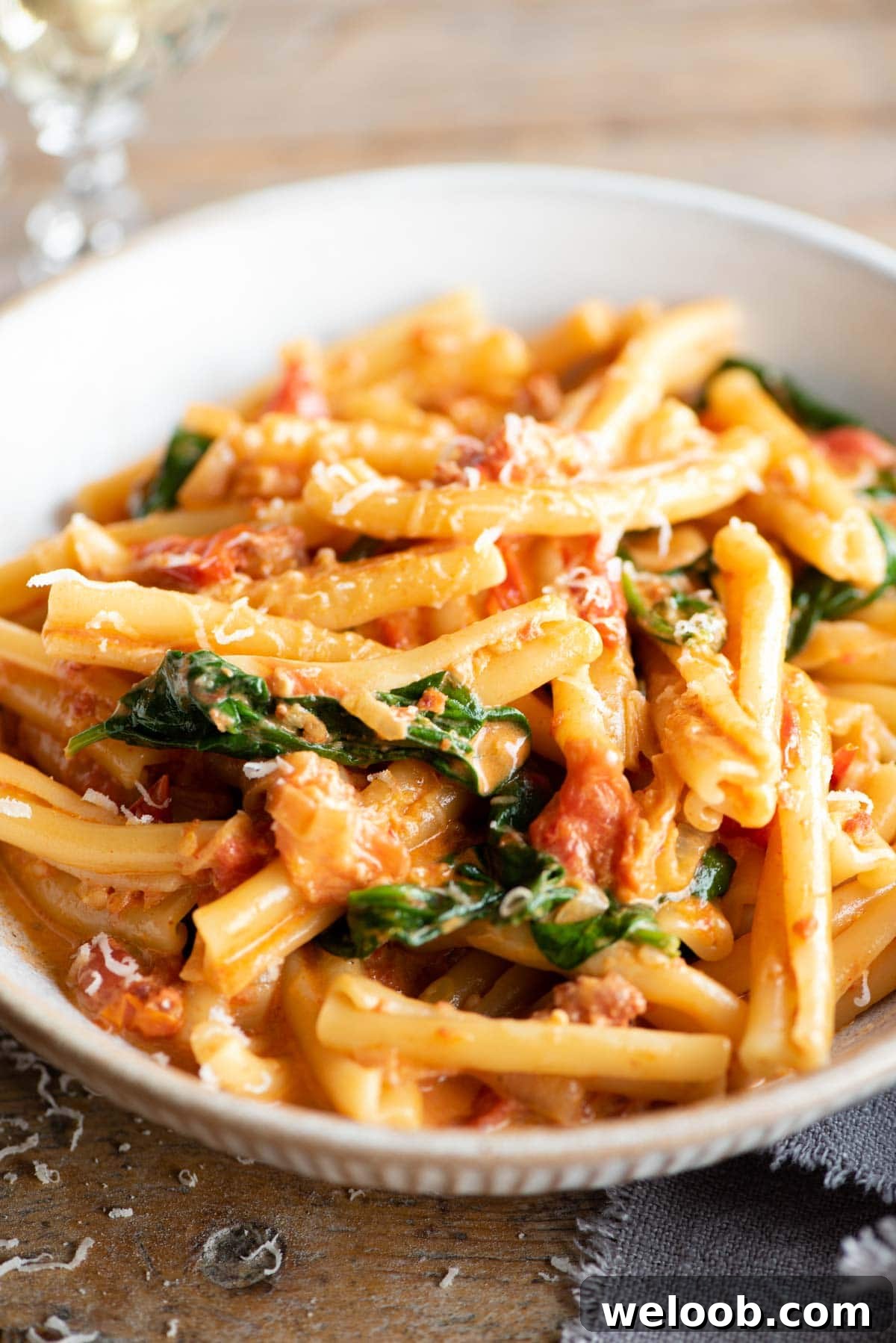 A close up of pasta with Nduja sauce, spinach and tomatoes