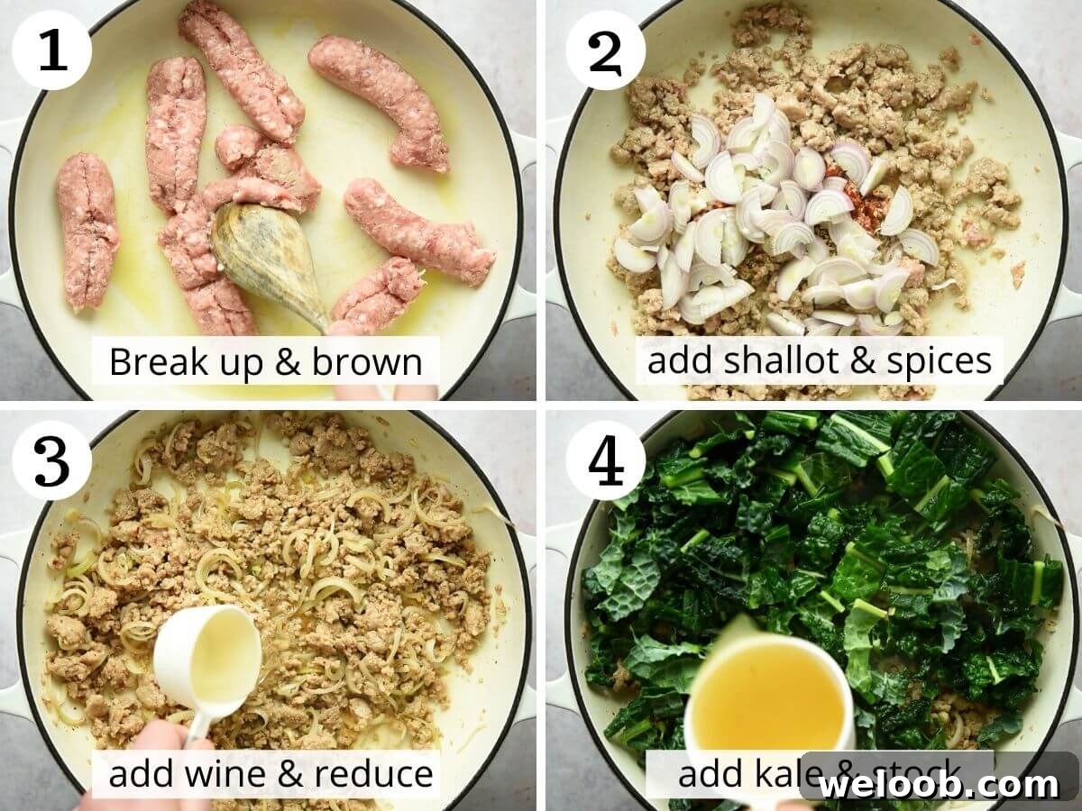 Step by step photos showing how make a sausage and cavolo nero pasta sauce