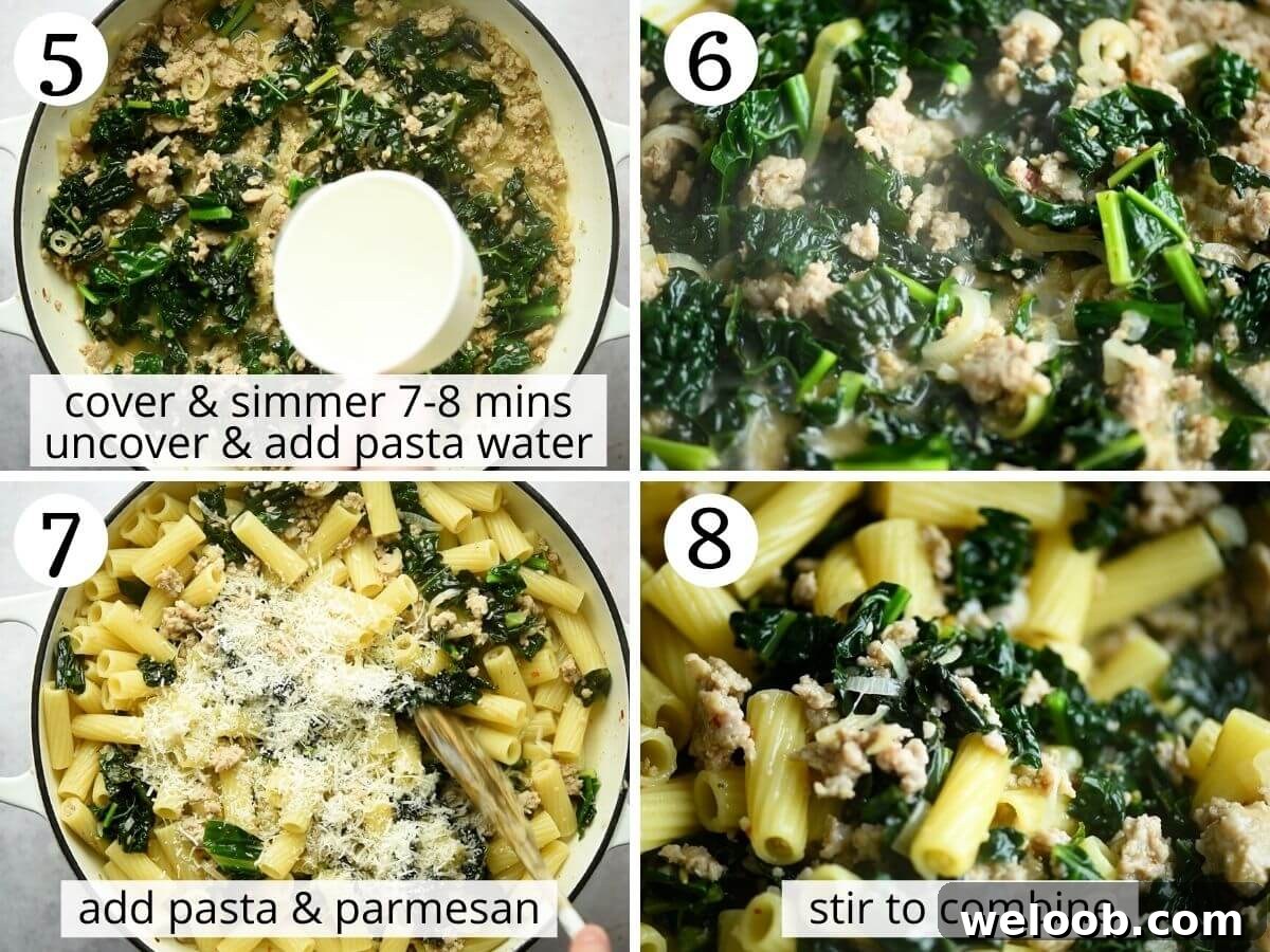 Step by step photos showing how to cook kale to make a pasta sauce