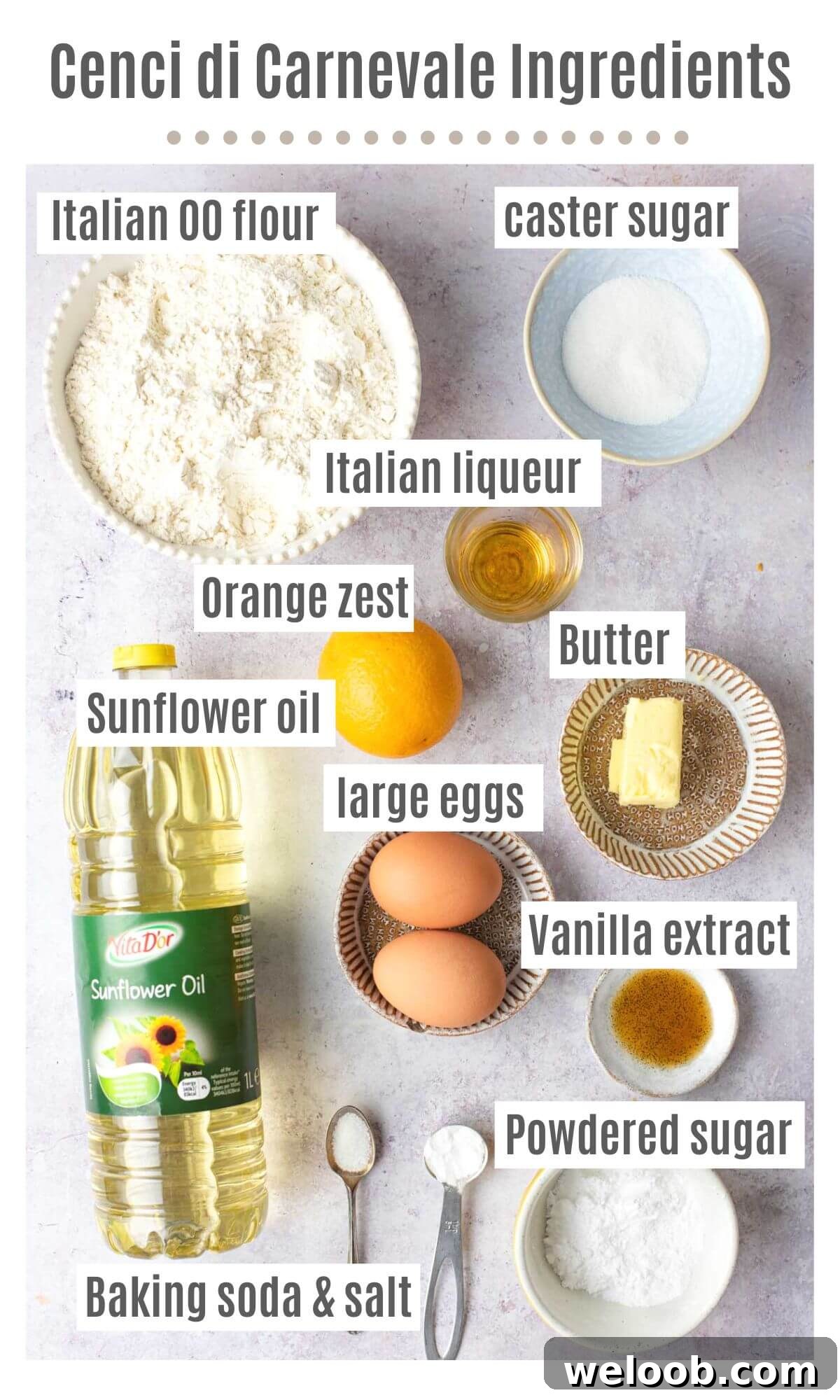 An overhead shot of all the ingredients you need to make Italian carnival pastries