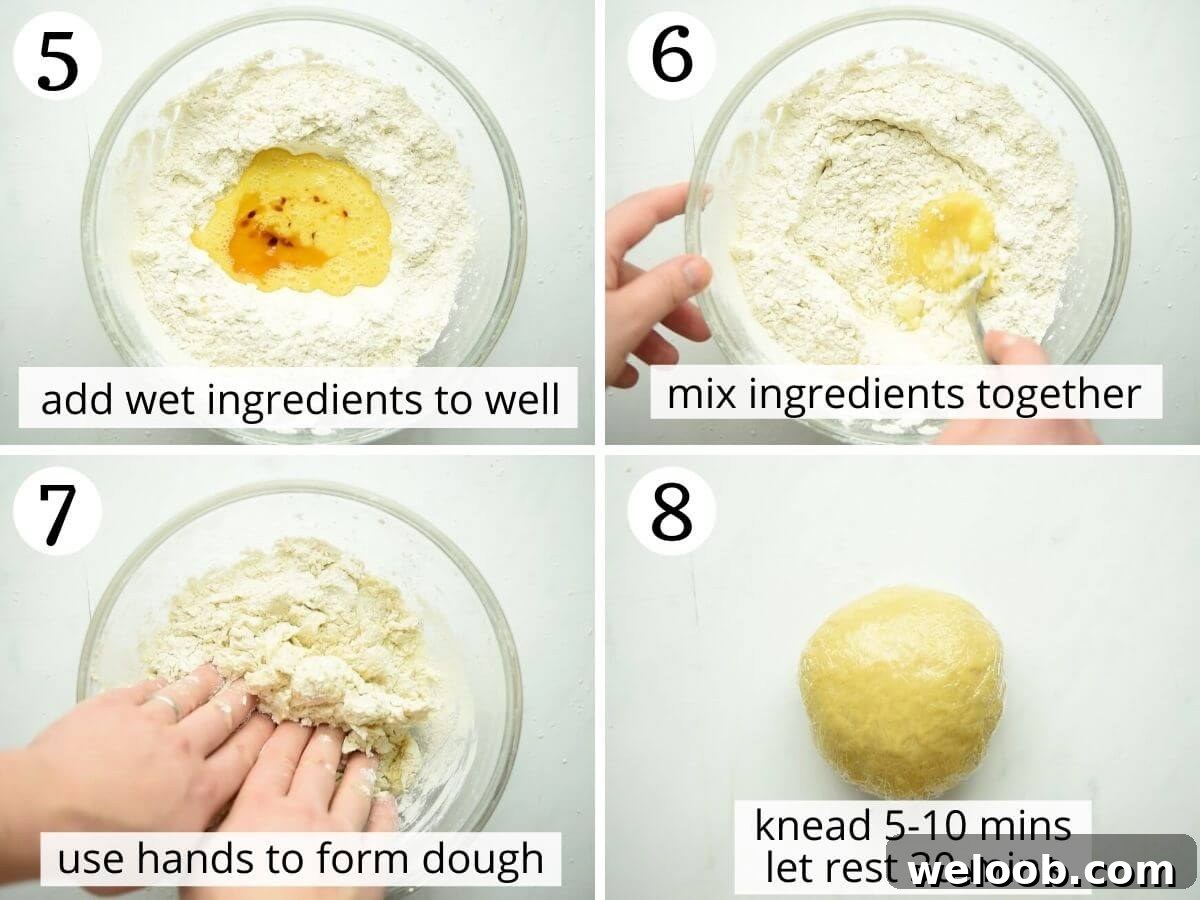 Step by step photos showing how to add wet ingredients to form a dough
