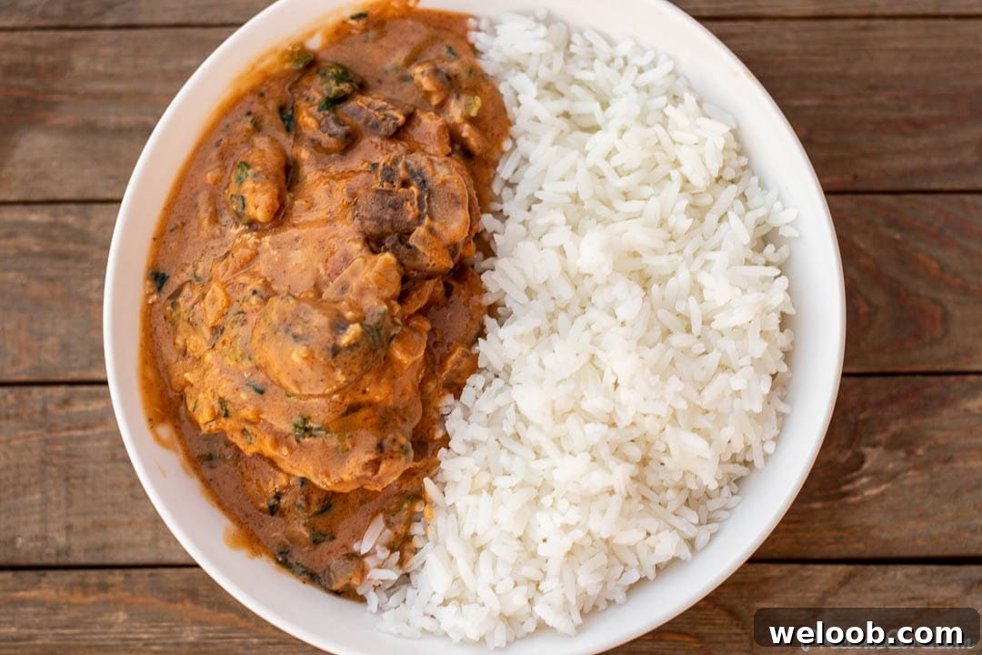 Landscape picture of chicken peanut stew and rice.
