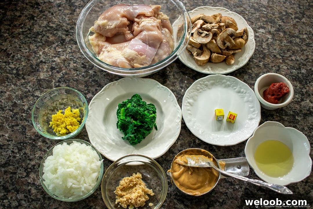 Ingredients needed for easy African chicken peanut stew on a countertop.