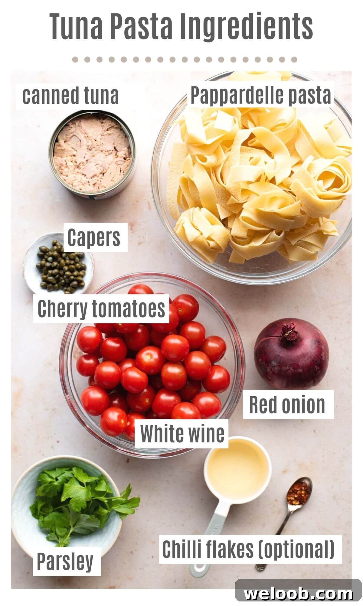An overhead shot of all the ingredients you need to make tuna pasta