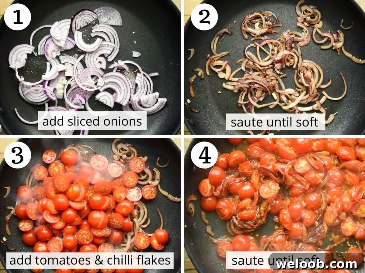 Step by step photos showing how to saute onions and tomatoes