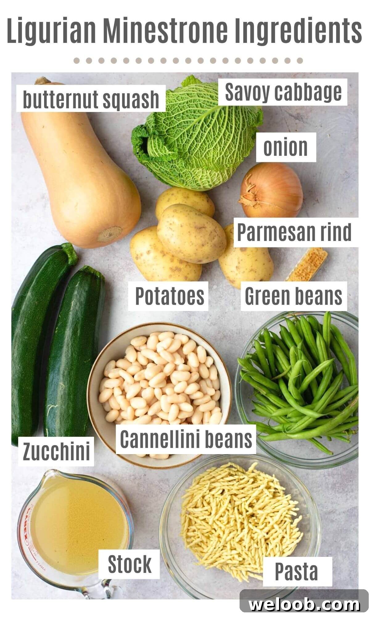 An overhead shot of all the ingredients you need to make Ligurian Minestrone
