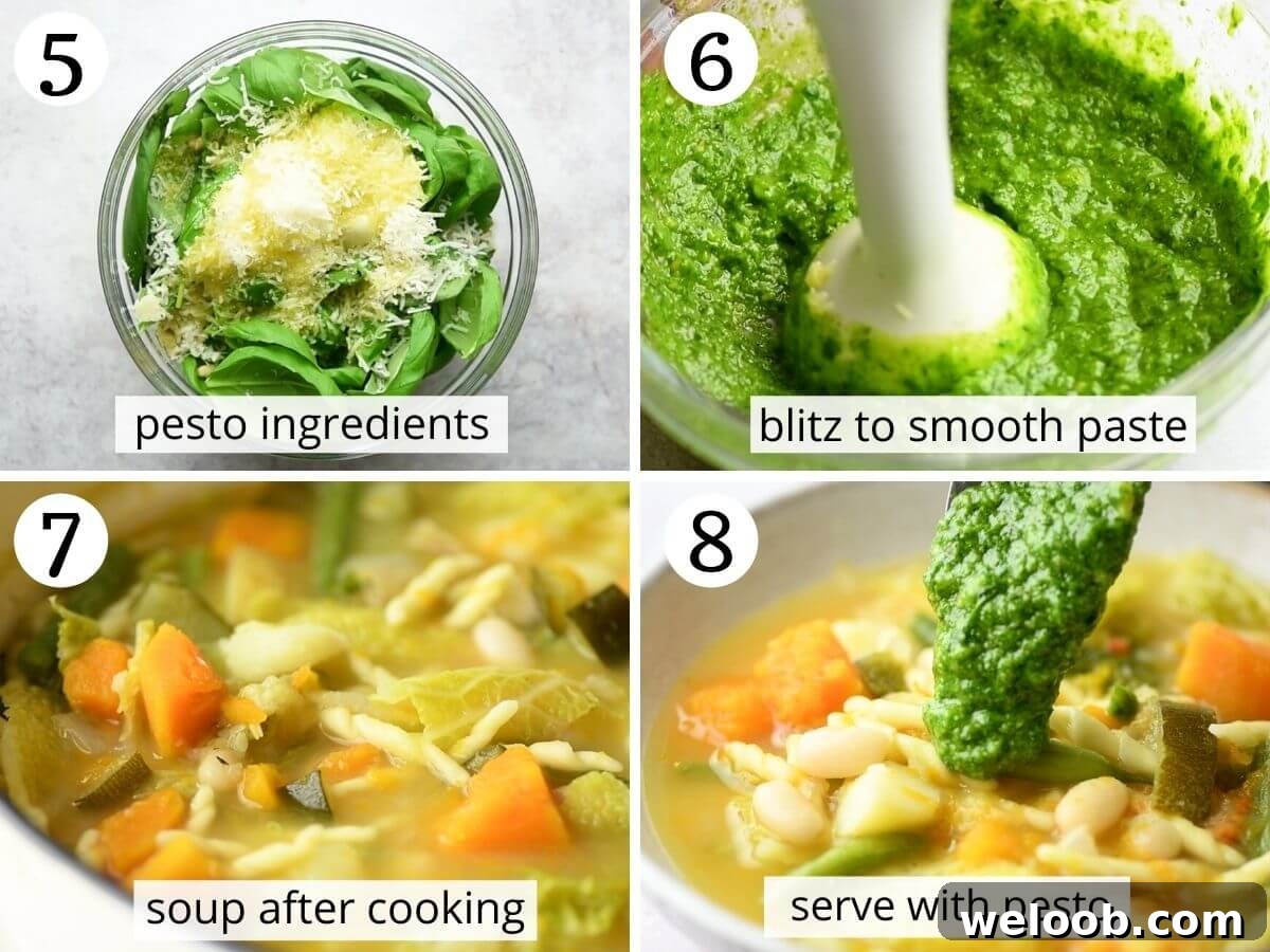Step by step photos showing how to make pesto and serve minestrone soup