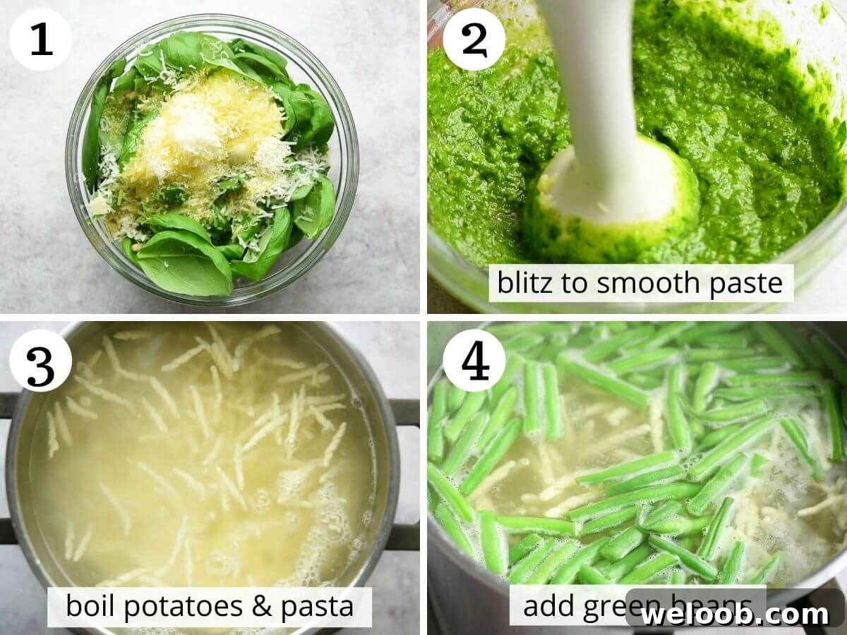 Step by step photos showing how to make pesto and boil pasta, potatoes and green beans