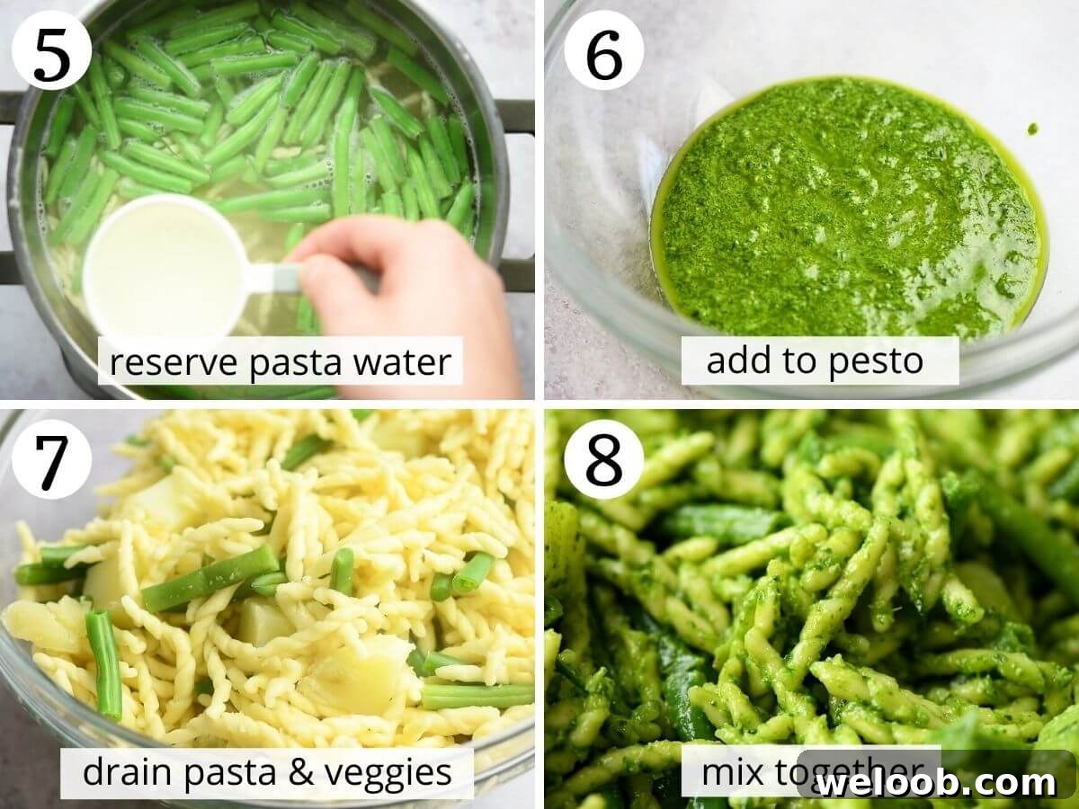 Step by step photos showing how to make pesto pasta with potatoes and green beans