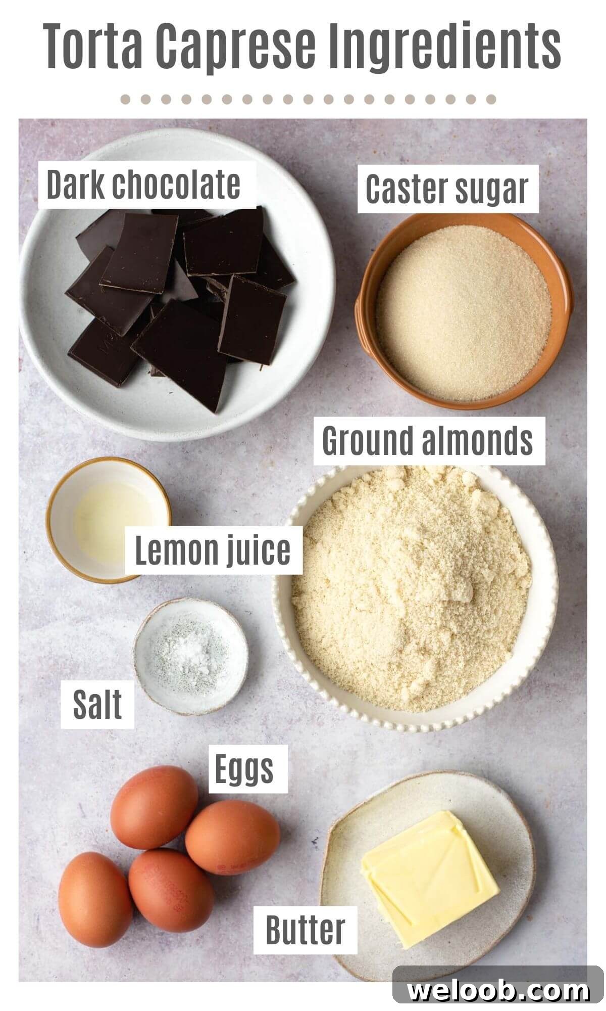 An overhead shot of all the ingredients you need to make a Torta Caprese