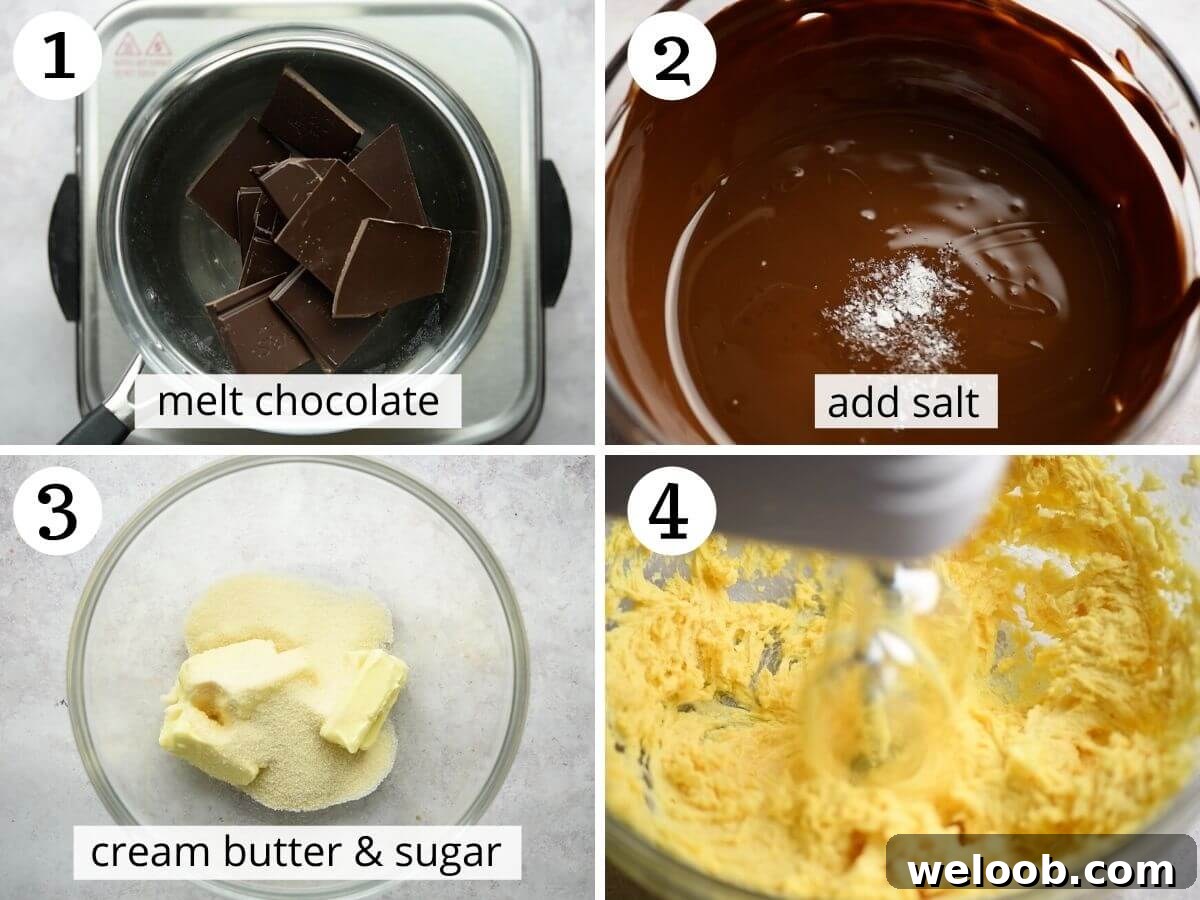 Step by step photos showing how to melt chocolate and cream butter and sugar