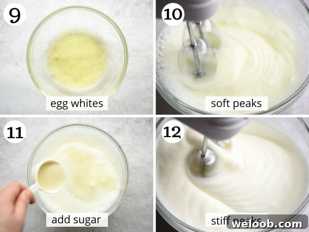 Step by step photos showing how to whisk egg whites to stiff peaks