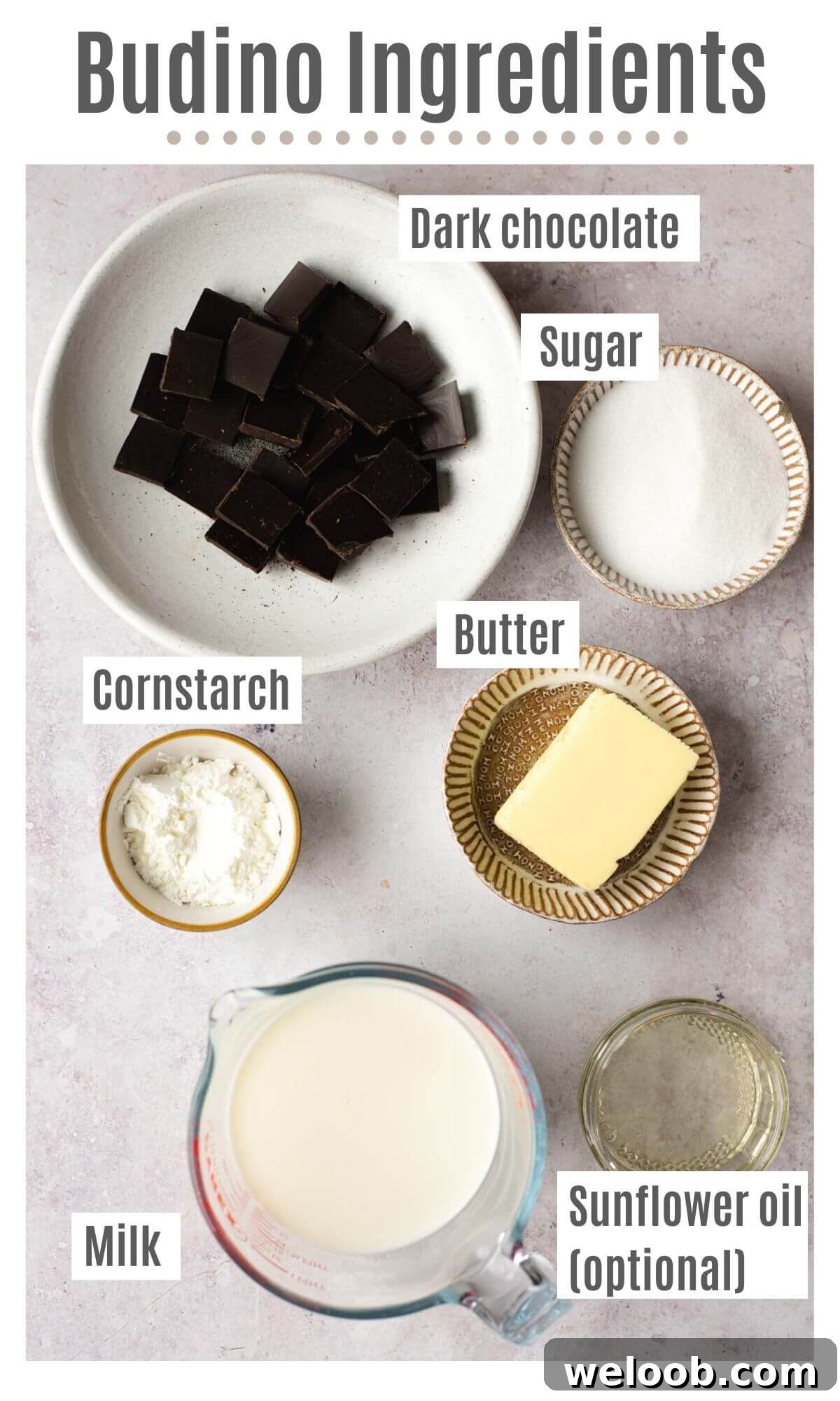 An overhead shot of all the ingredients you need to make chocolate budino