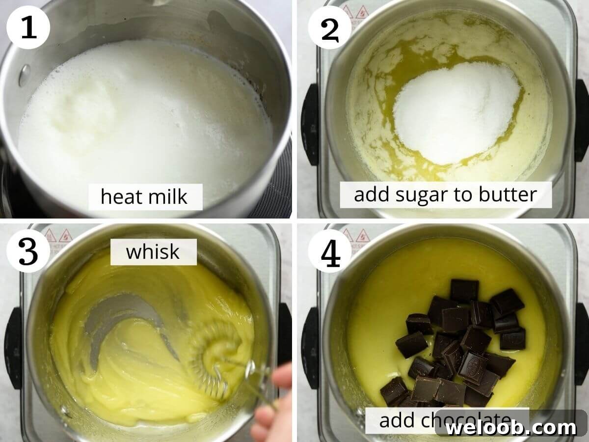 Step by step photos showing the first steps of making chocolate budino