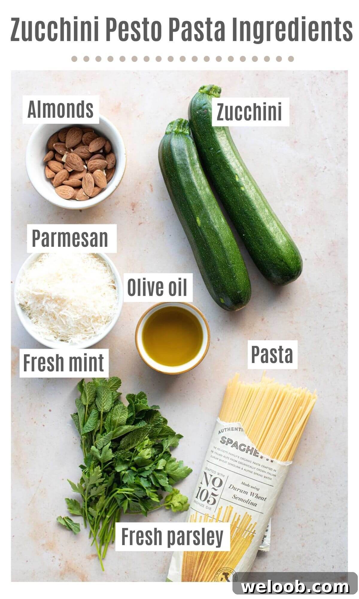 An overhead shot of all the ingredients you need to make zucchini pesto pasta