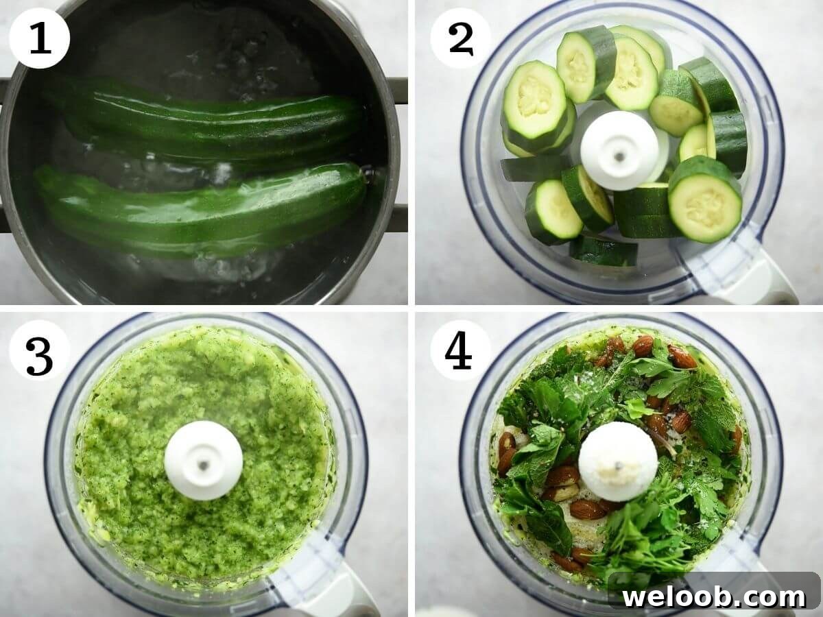 Step by step photos showing how to prepare zucchini pesto