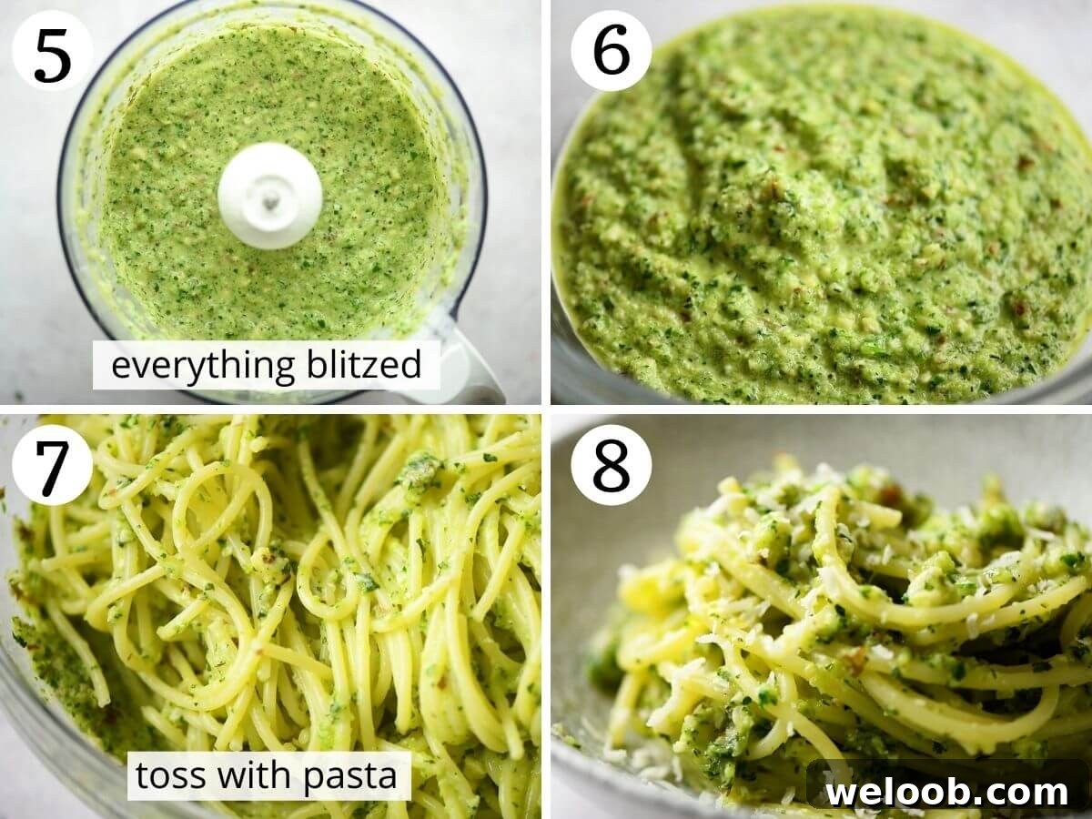 Step by step photos showing how to make zucchini pesto pasta