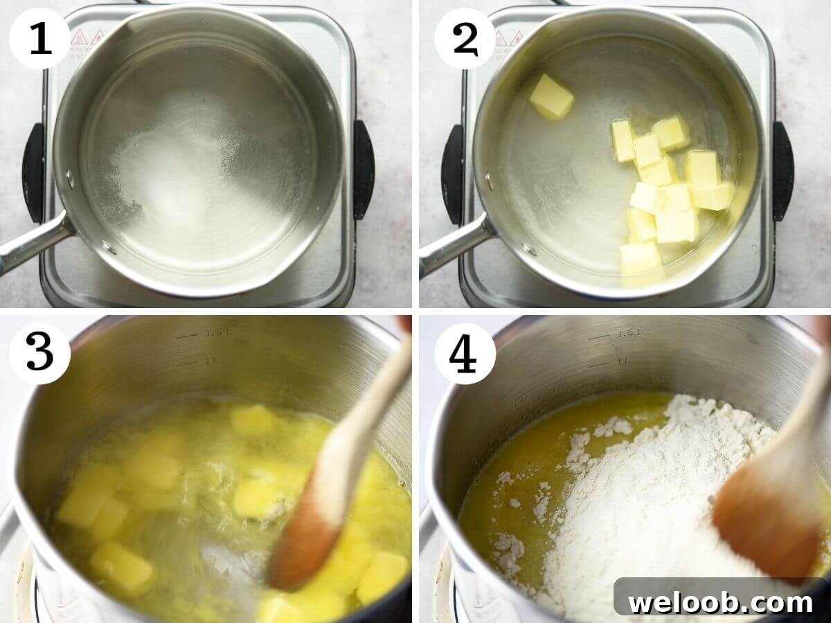 Step by step photos showing how to make choux pastry