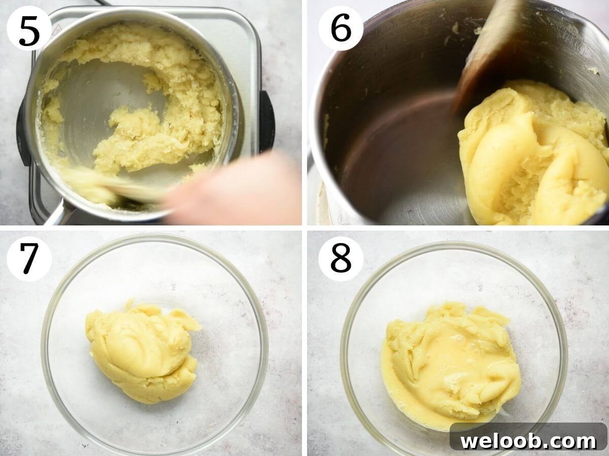 Four grid collage photos showing choux pastry being made