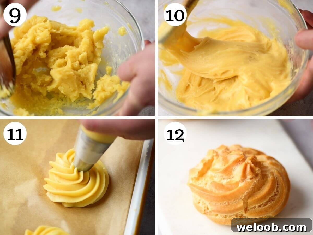 Step by step photos showing how to pipe zeppole and what they look like baked