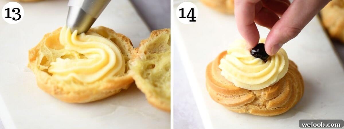 Two photos showing how to fill zeppole with pastry cream and top with a cherry