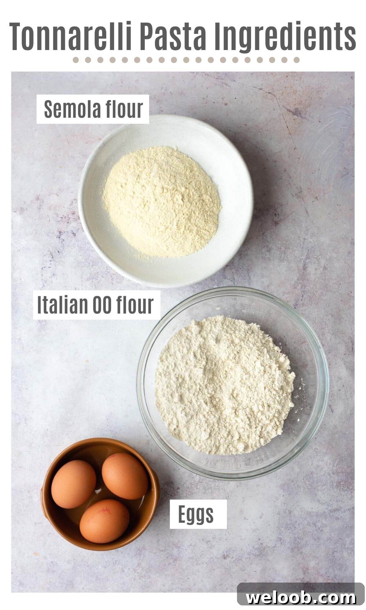 An overhead shot of all the ingredients you need to make tonnarelli pasta
