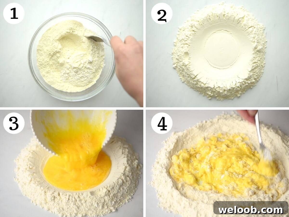 4 photos in a collage showing how to make pasta dough