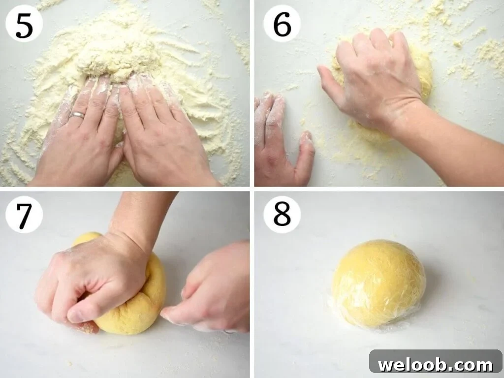 4 photos in a collage showing how to knead pasta dough