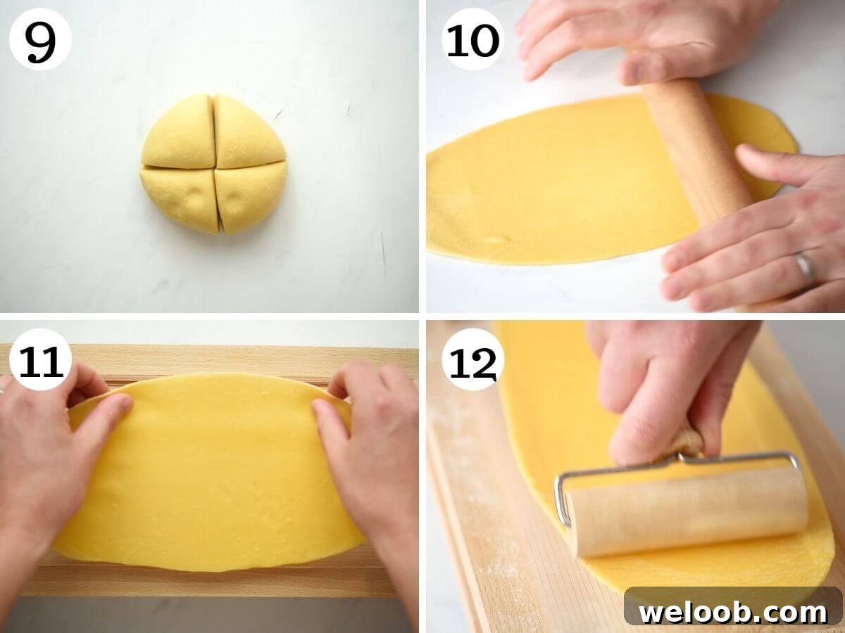4 photos in a collage showing how to cut pasta dough on a chitarra pasta tool