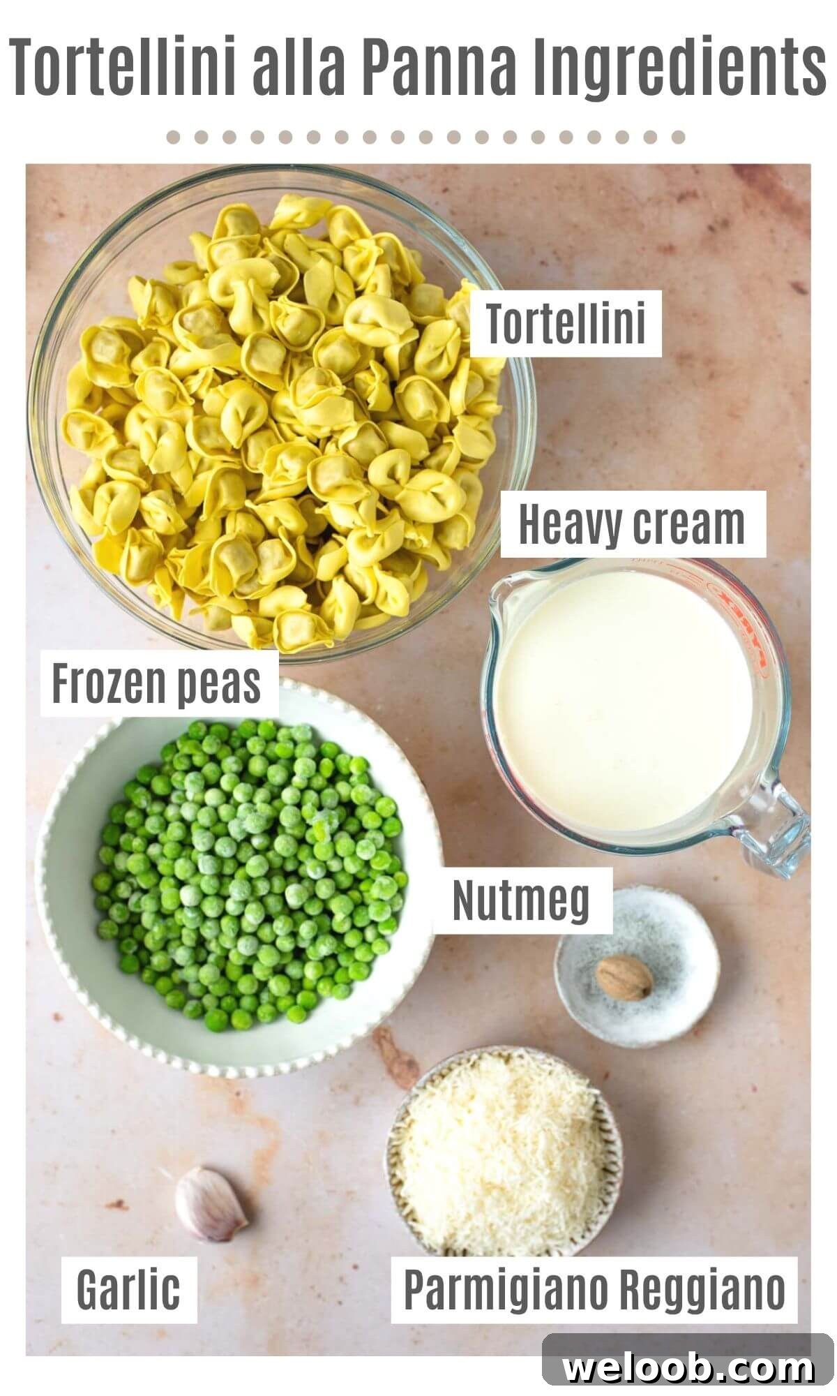 An overhead shot of all the ingredients you need to make Tortellini alla Panna