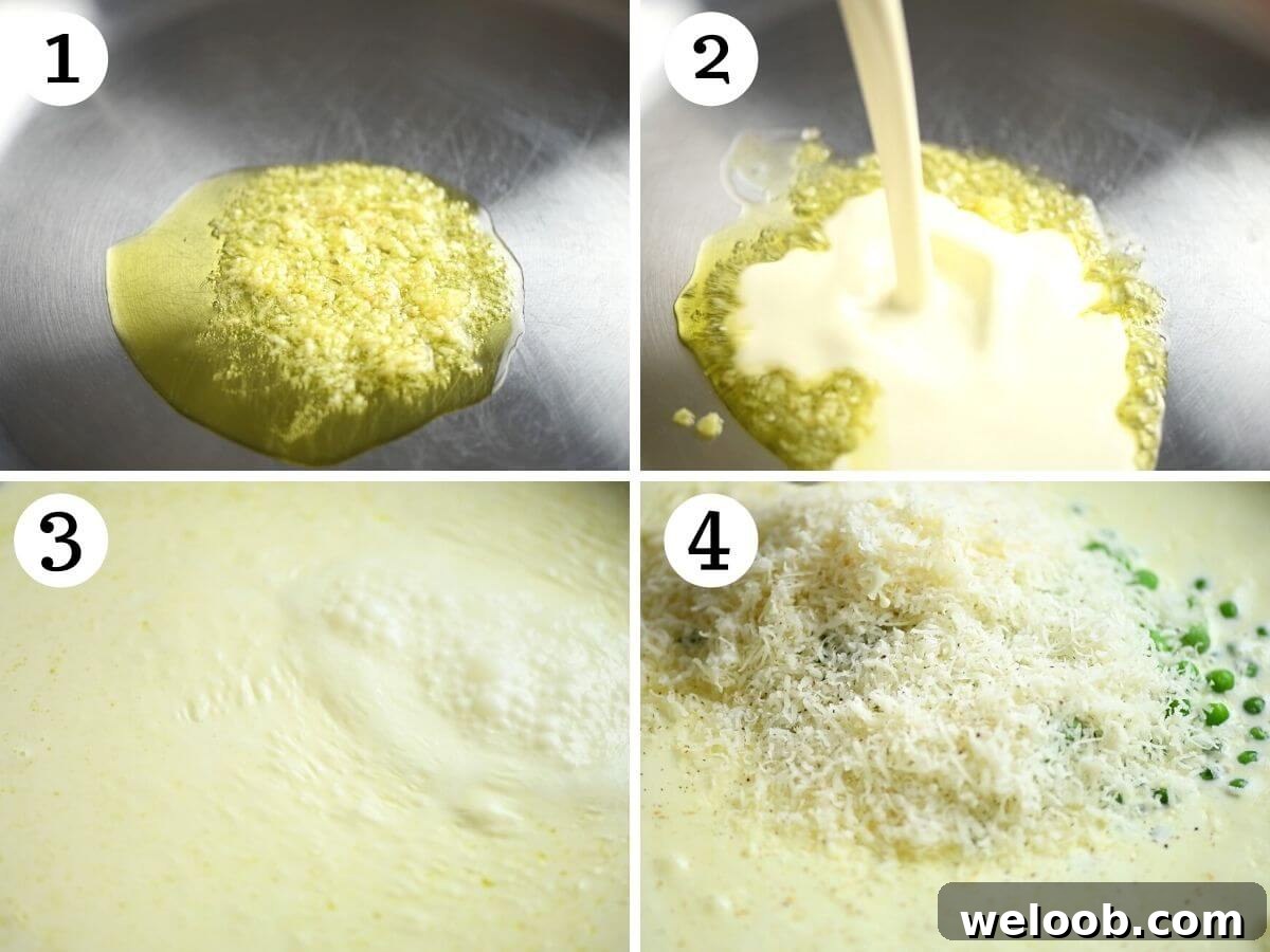 Four photos in a collage showing how to make a garlic cream sauce with parmesan and peas