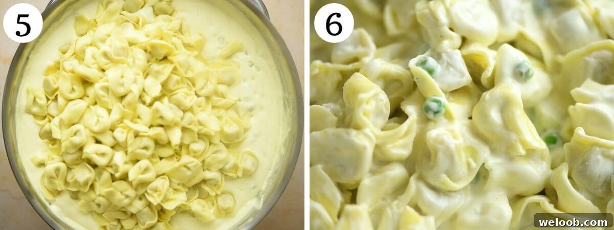 Two photos in a collage showing tortellini in a cream sauce getting mixed together