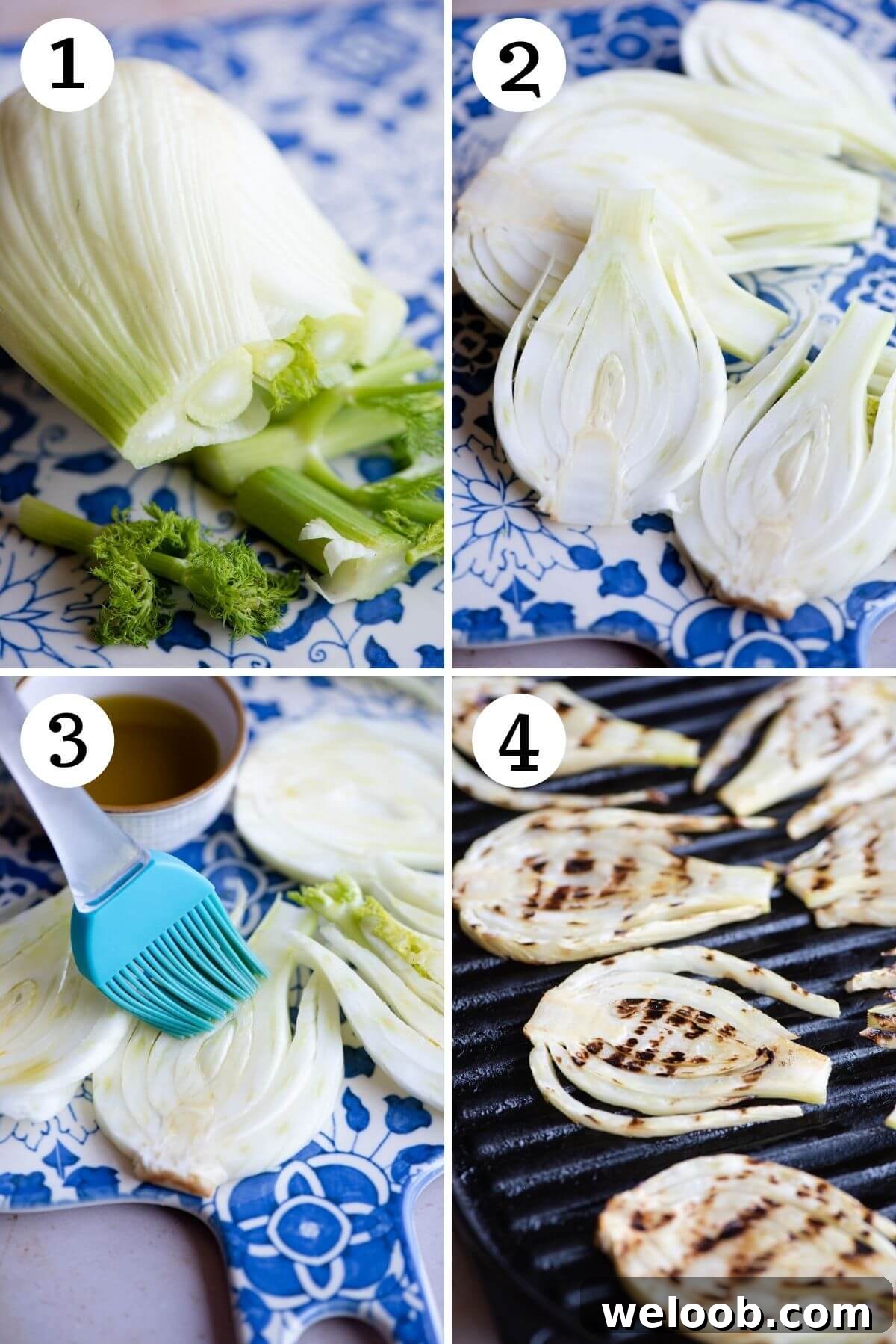 Four photos in a collage showing how to make grilled fennel