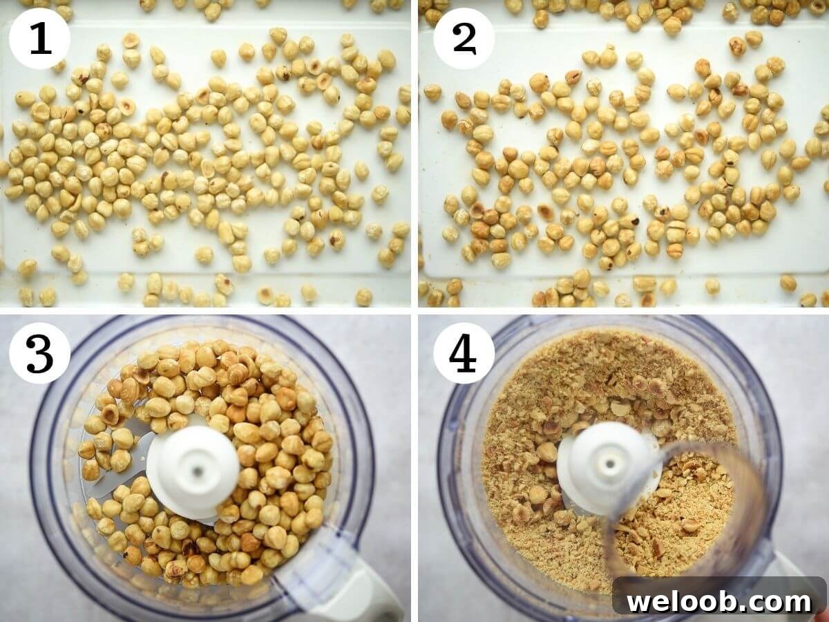Four photos in a collage showing how to toast and blitz hazelnuts