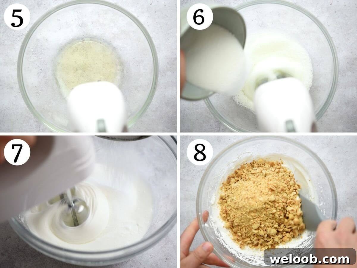 Four photos in a collage showing how to make meringue mixed with hazelnuts