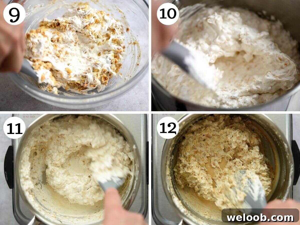 Four photos in a collage showing how to heat a hazelnut meringue mixture to make Brutti ma Buoni cookies