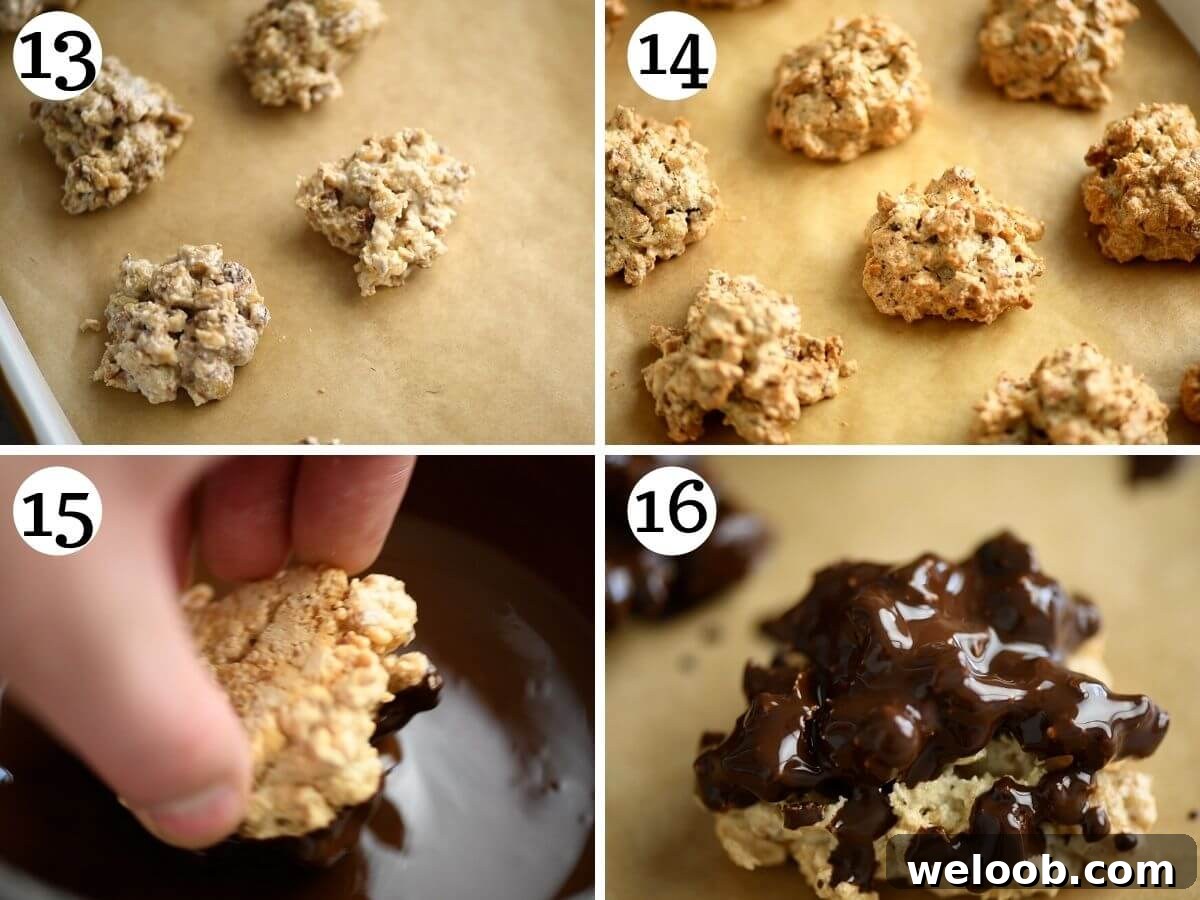 Four photos in a collage showing how to bake brutti ma Buoni cookies and dip them in chocolate