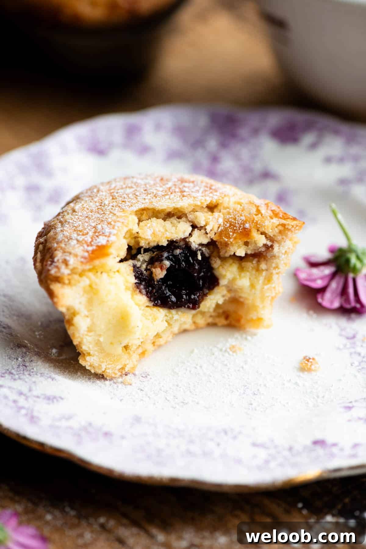 A Pasticciotto pastry cut in half showing the pastry cream and cherry inside.